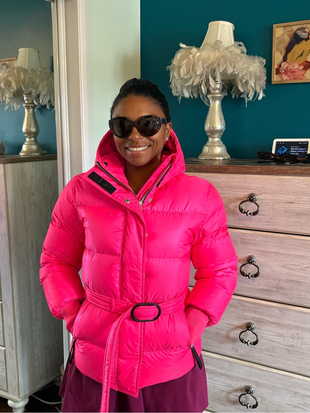 Women's Hot Pink Hooded Puffer Jacket - Picture 5 of 6